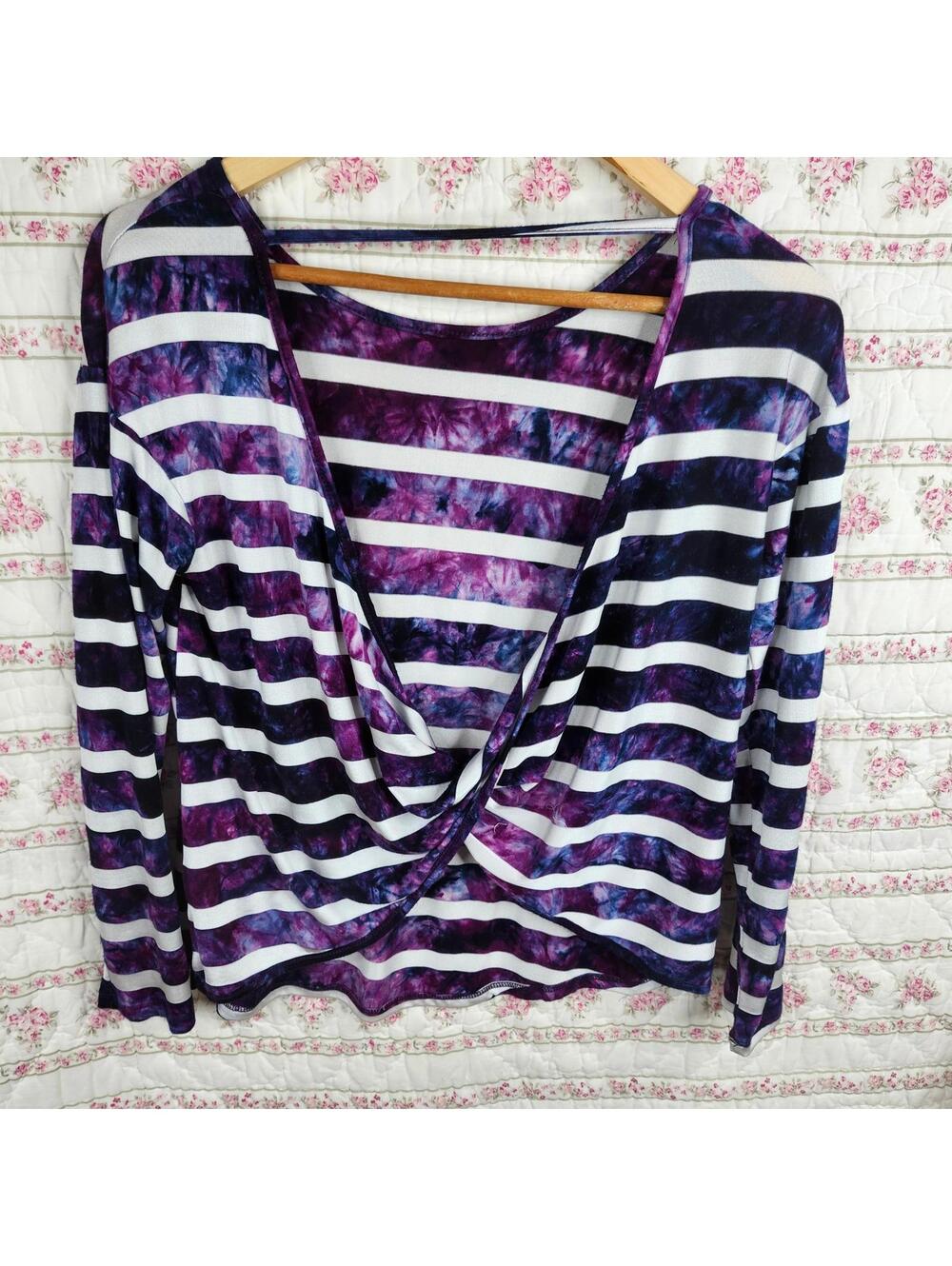 Truly Me Tie Dye Top Twist Front Long Sleeve Striped Purple White XL